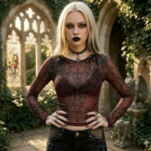 Hot Topic Burgundy & Black Sheer Tattoo-Print Long Sleeve Crop Top